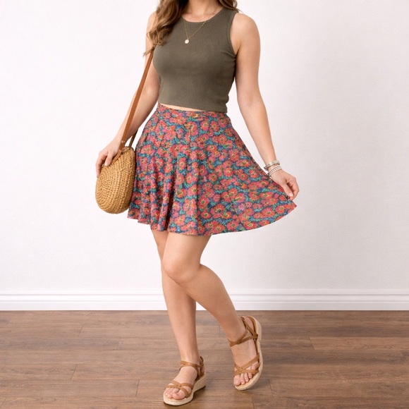 Dresses & Skirts - L. Bates Floral Circle Skirt Sz 6 Pink Yellow Silky Mini Spring Vacay